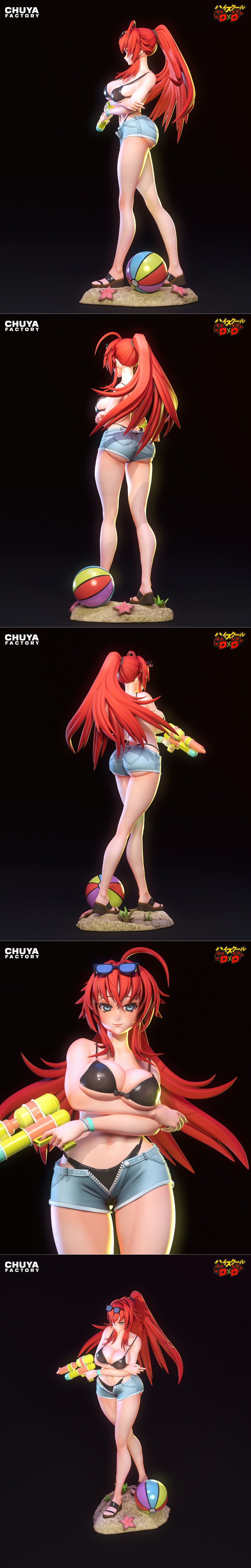 Rias Gremory from High School DxD in a bikini and denim shorts, holding a water gun, standing on a beach-themed base...