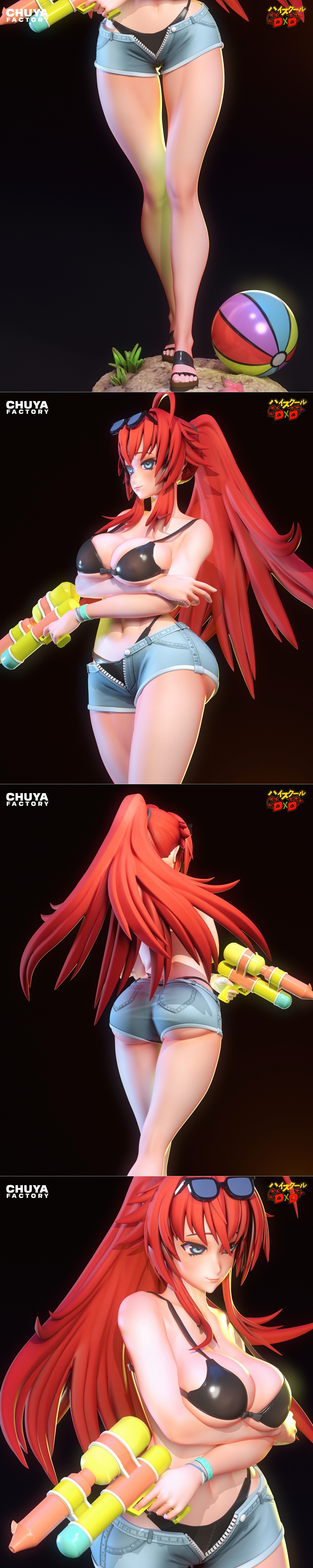 Rias Gremory from High School DxD in a bikini and denim shorts, holding a water gun, standing on a beach-themed base...