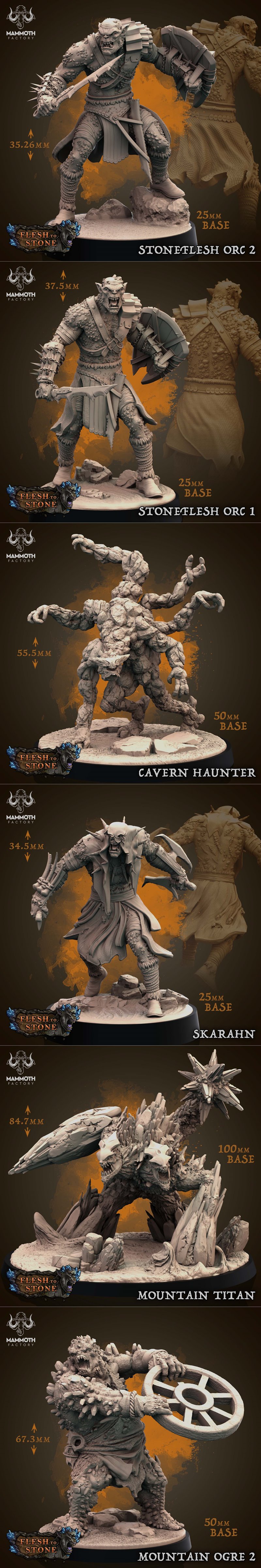 Collection of fantasy 3D printable models: Mountain Ogre, Hurongar Stonfist, Brynnah Head-Taker, and Valhya. Includes...