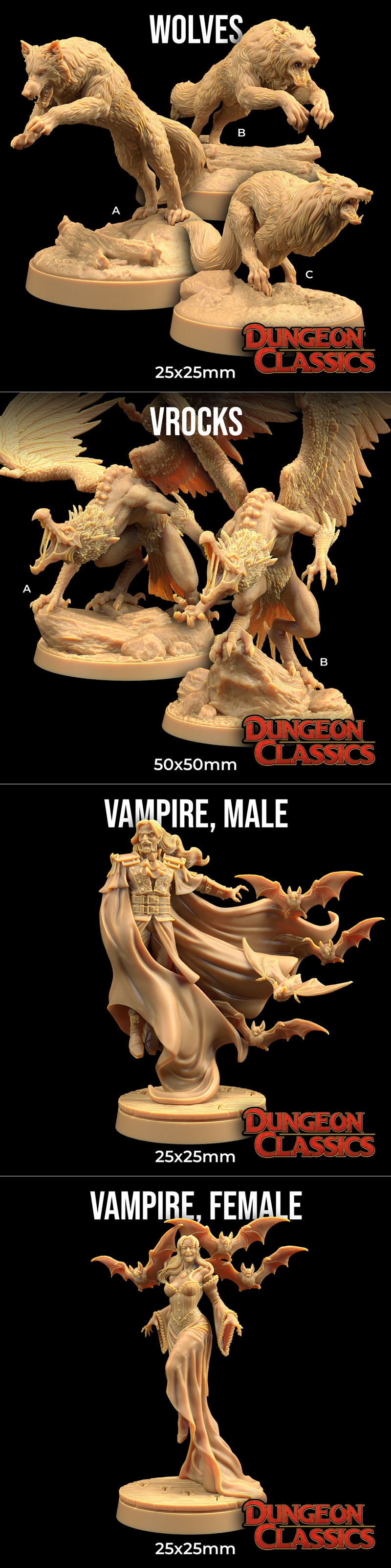 Collection of 3D printable fantasy horror miniatures: male and female vampire spawn, human and hybrid werewolves, fro...