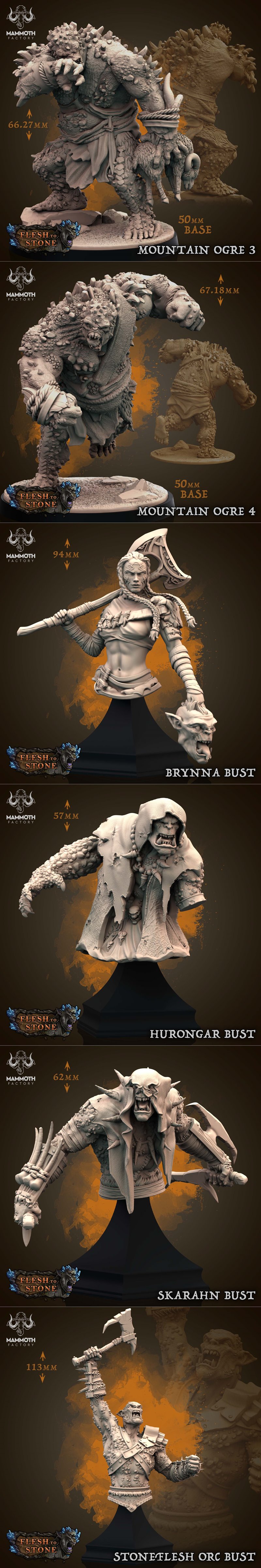 Collection of fantasy 3D printable models: Mountain Ogre, Hurongar Stonfist, Brynnah Head-Taker, and Valhya. Includes...