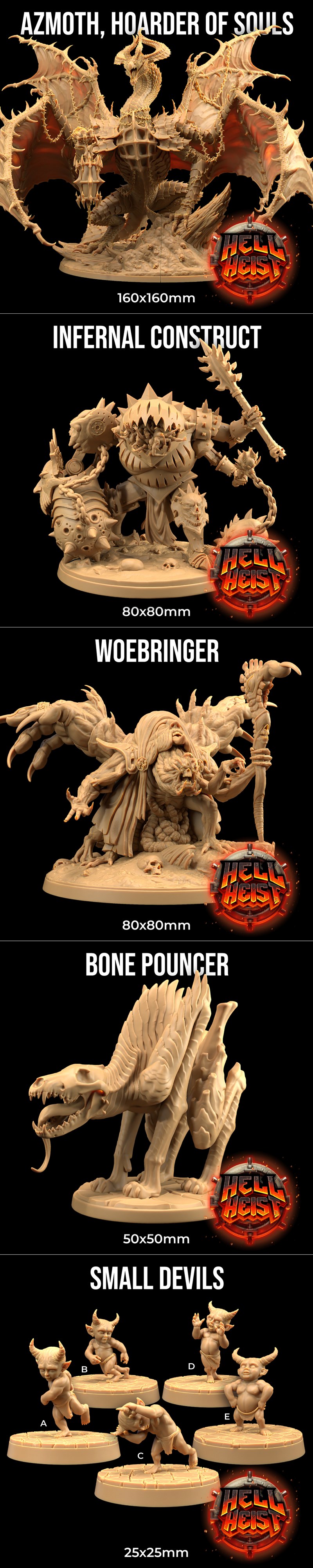 3D printable models from The Dragon Trappers Lodge's Hell Heist collection, featuring a large dragon, angelic figures...