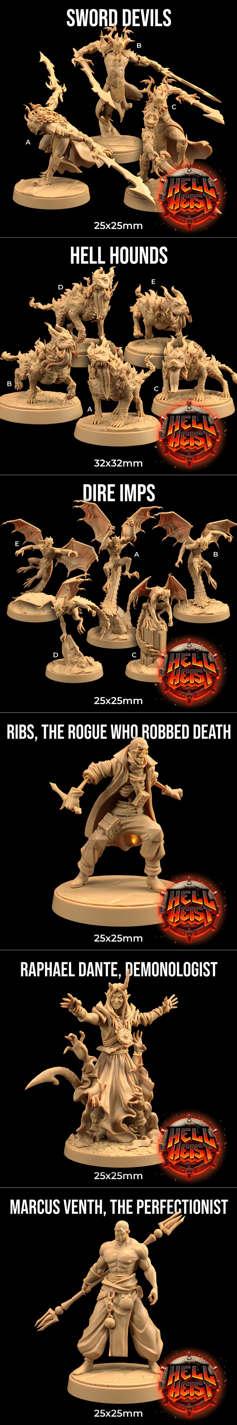 3D printable models from The Dragon Trappers Lodge's Hell Heist collection, featuring a large dragon, angelic figures...