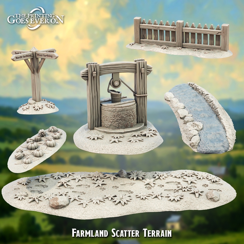 Collection of fantasy 3D printable miniatures and terrain from The Printing Goes Ever On, featuring characters like a...