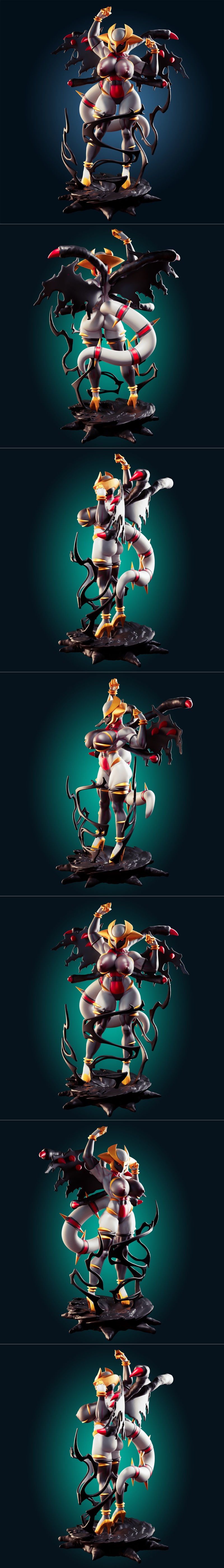 3D model of a stylized female Giratina with muscular physique, wearing a revealing white and red outfit with gold acc...