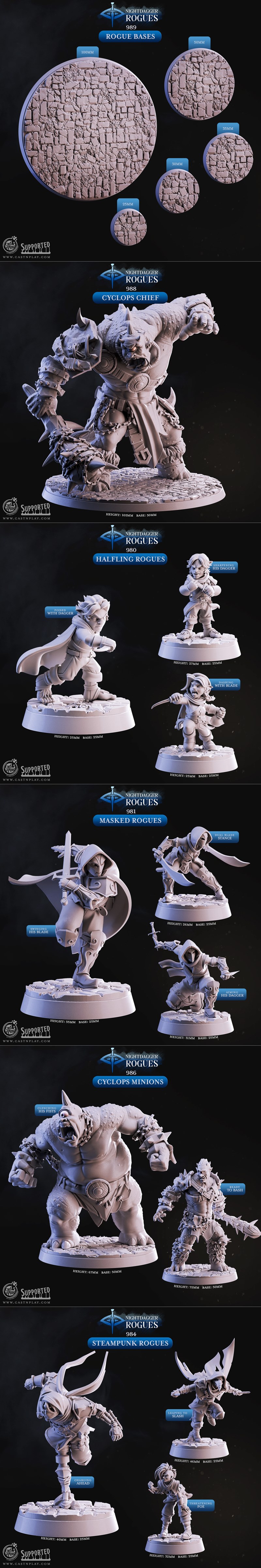 Collection of fantasy 3D printable miniatures from Cast n Play, featuring Nightdagger Rogues, Cyclops Guards, Caped R...