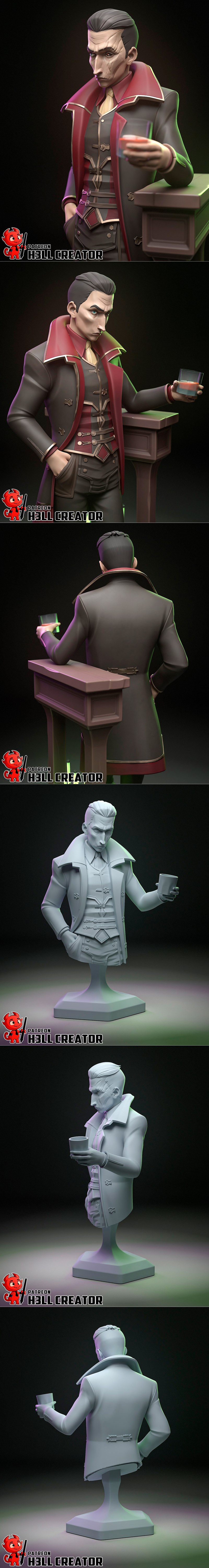3D model of Silco from Arcane, leaning on a stand with a drink, wearing a dark coat and red waistcoat.