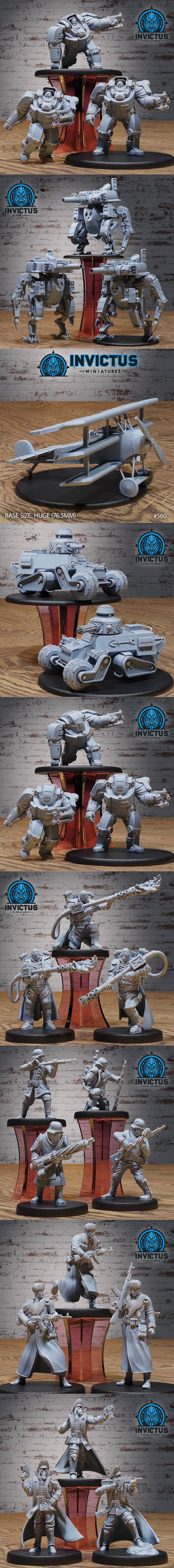 Collection of Invictus Miniatures Genesis Wars 3D print models: sci-fi soldiers, mechs, and vehicles in various poses.