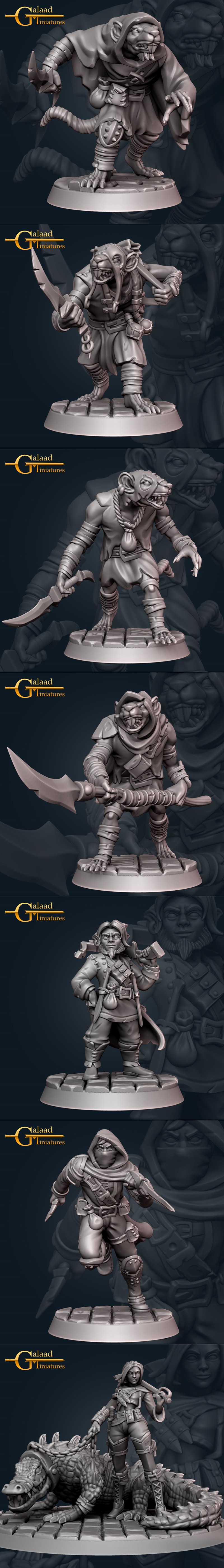 Collection of 3D printable rogue miniatures by Galaad Miniatures: male rogue with sword, female rogue with daggers, a...