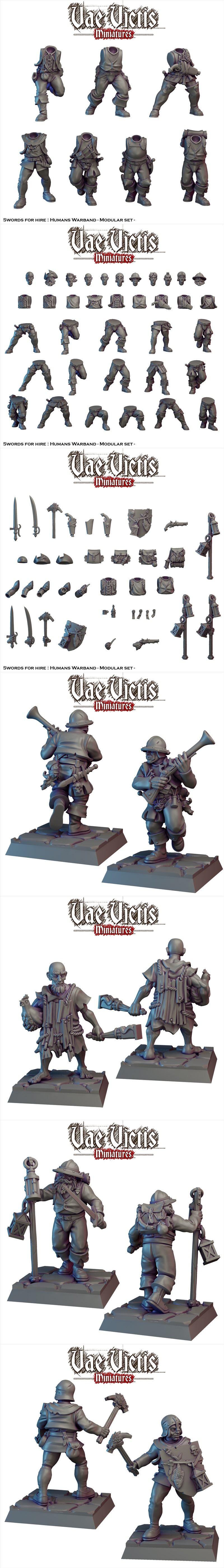 Collection of Vae Victis Miniatures 3D models: human warband with swords, hammers, crossbows, and shields. Includes h...