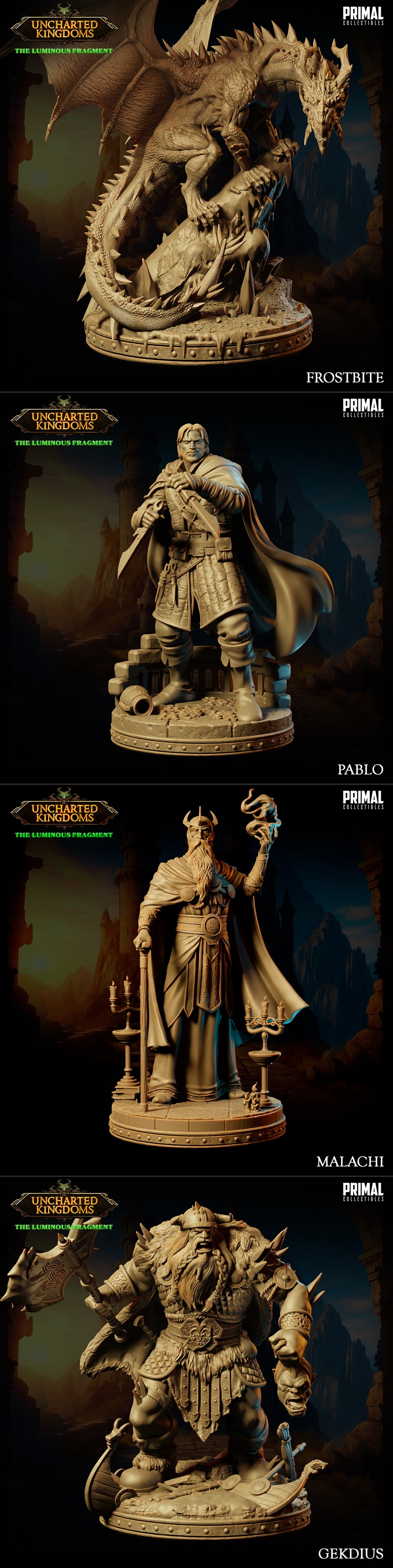 Collection of fantasy 3D printable models: Wulfheim with hammer, Jagard with axe, Malachi with staff, Frostbite drago...