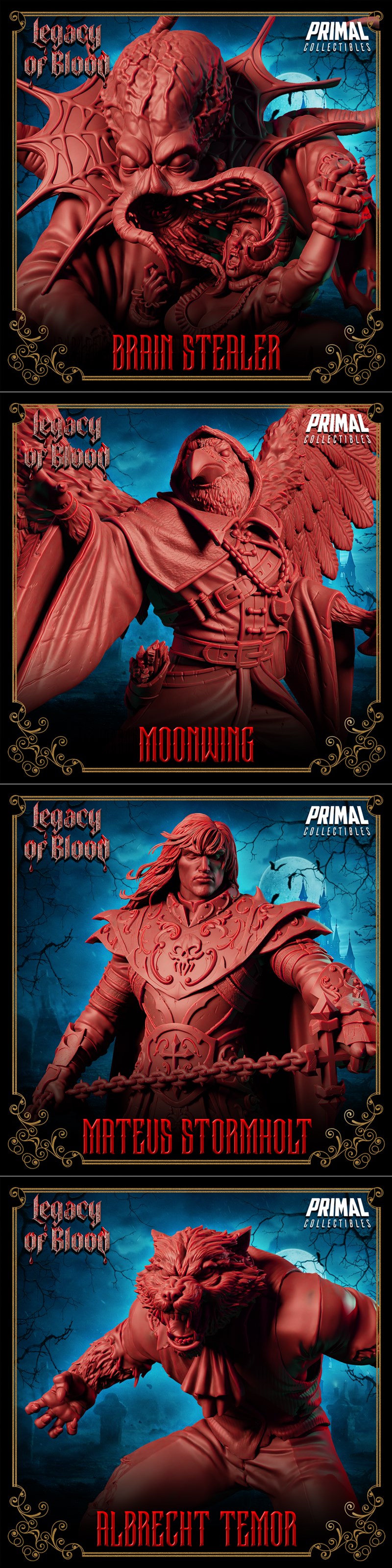 Collection of gothic horror 3D printable models from PRIMAL Collectibles, featuring vampires like Drakov, Theron Stor...