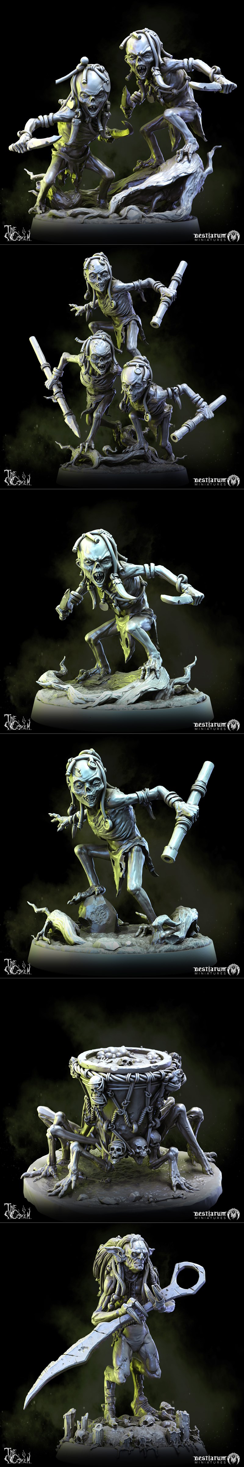 Collection of dark fantasy 3D printable miniatures from Bestiarum Miniatures, including witches, hags, and monstrous...