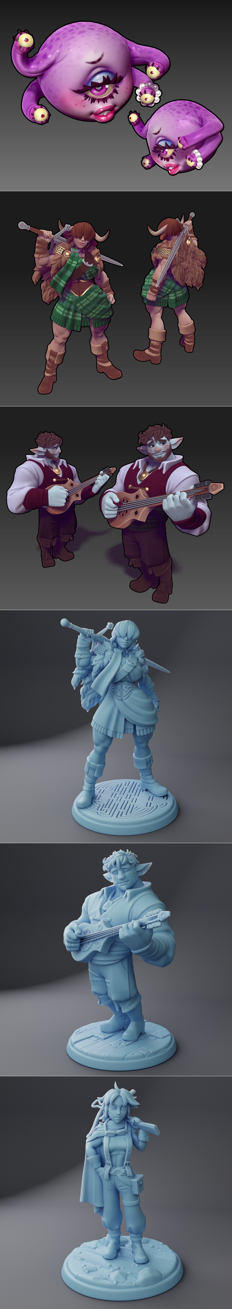 Collection of stylized 3D printable miniatures: goblin witch, purple witch, female gunslinger, and two elves in combat.