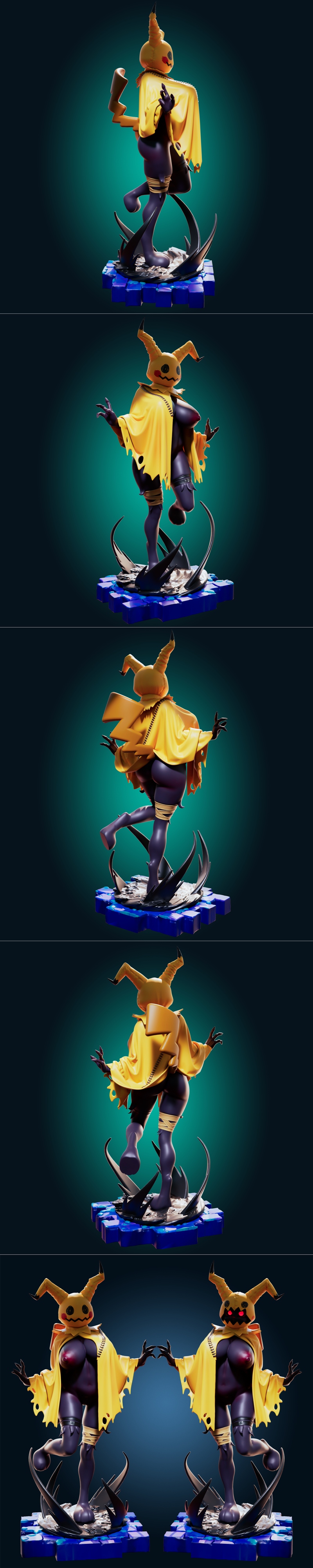 Stylized Mimikyu figure with yellow tattered cloak, red bikini, and glowing red eyes, posed dynamically on a blue and...