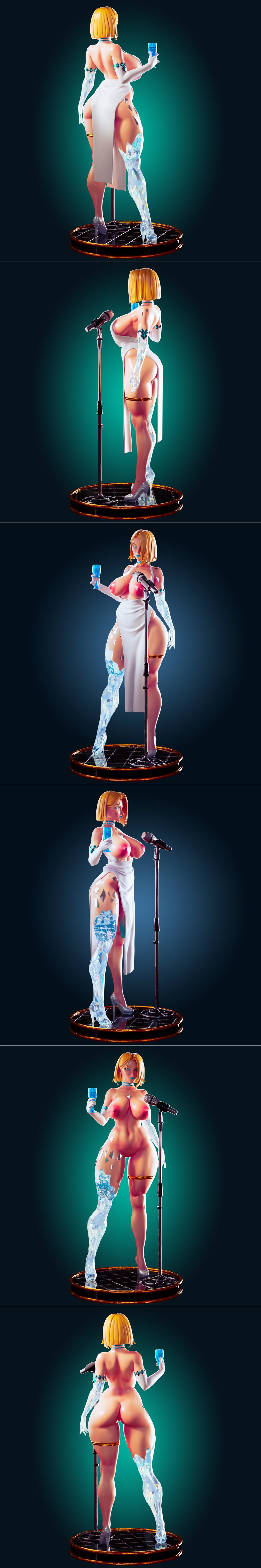 Emma Frost 3D model in a white dress, holding a blue drink, with one leg made of ice, standing by a microphone on a c...