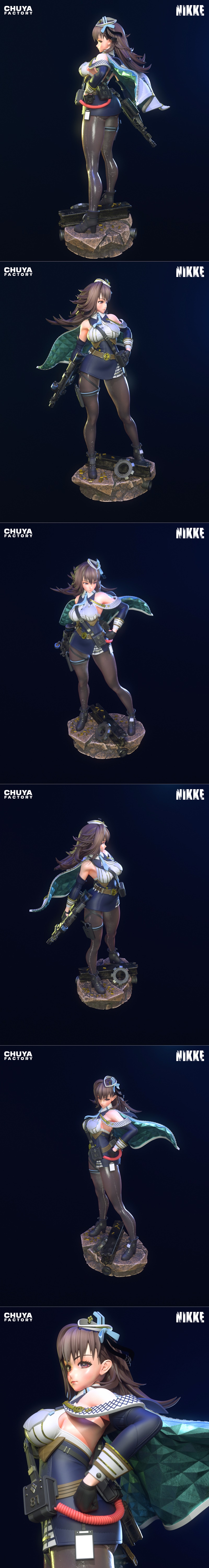 Chuya Factory 3D model of Marian from NIKKE, standing on a rocky base with a rifle, wearing a military outfit and cape.