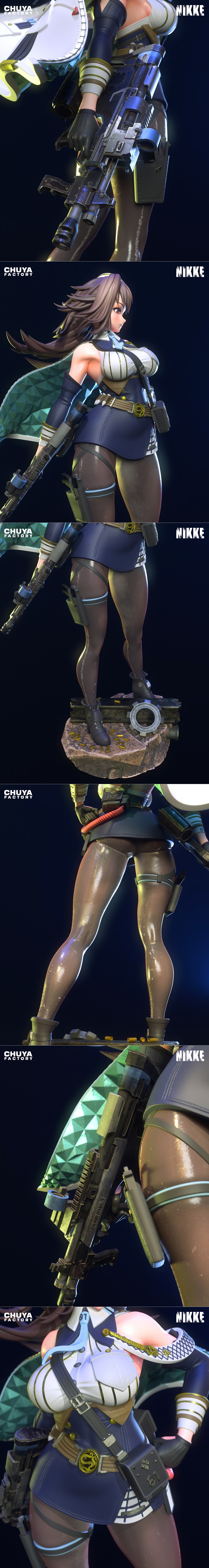 Chuya Factory 3D model of Marian from NIKKE, standing on a rocky base with a rifle, wearing a military outfit and cape.