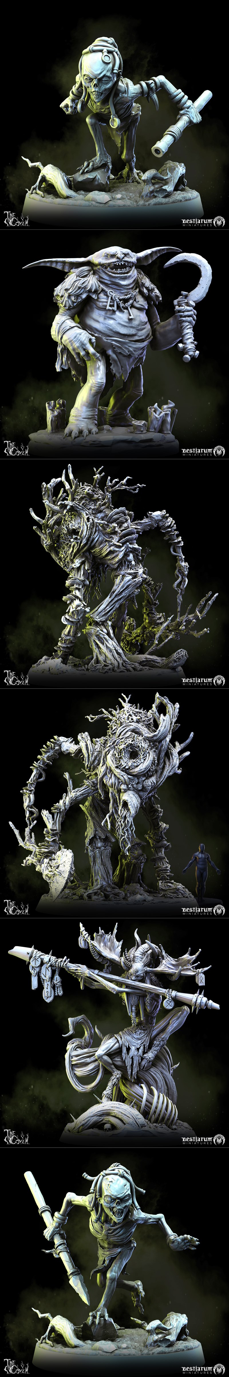 Collection of dark fantasy 3D printable miniatures from Bestiarum Miniatures, including witches, hags, and monstrous...