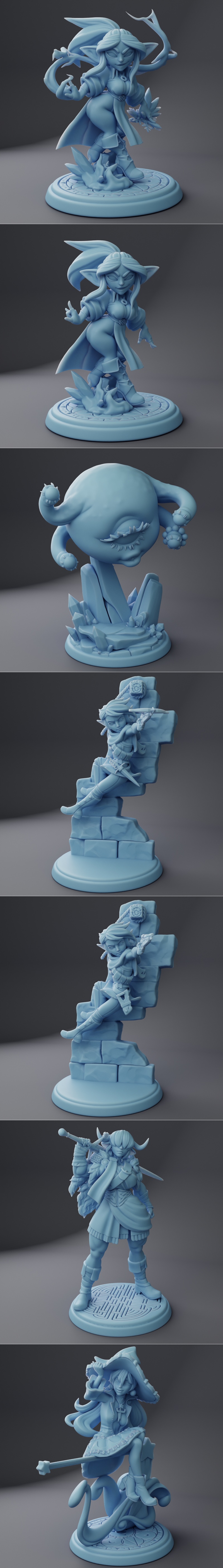 Collection of stylized 3D printable miniatures: goblin witch, purple witch, female gunslinger, and two elves in combat.