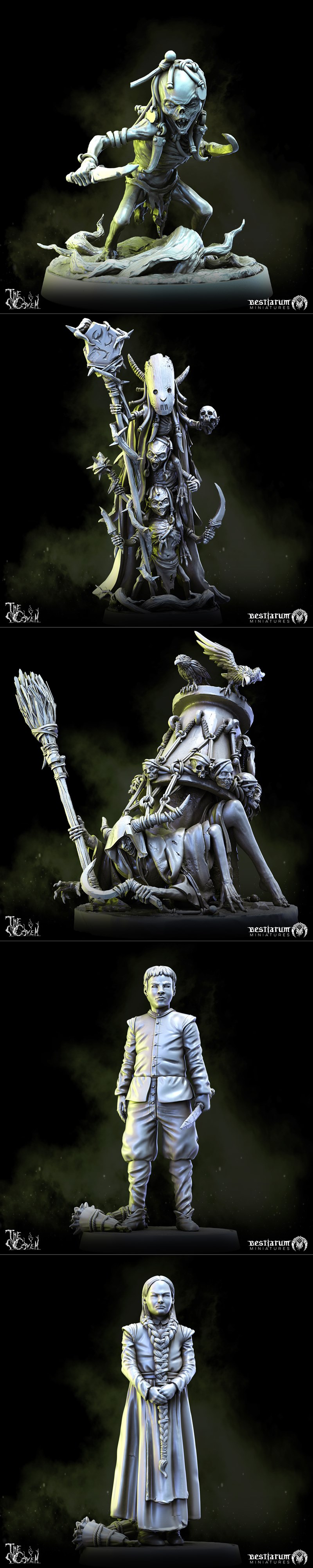 Collection of dark fantasy 3D printable miniatures from Bestiarum Miniatures, including witches, hags, and monstrous...