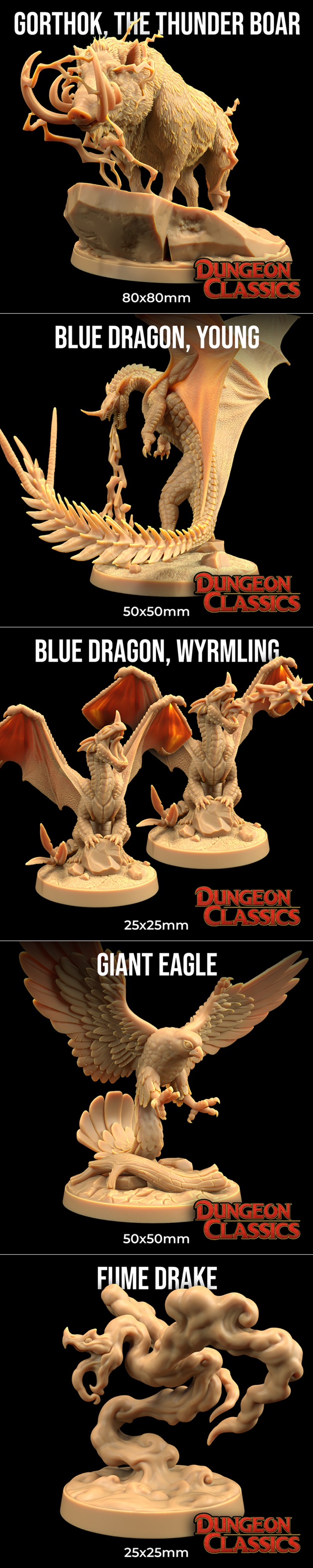 Collection of fantasy 3D printable miniatures: zombies, dwarven prospectors, a boar, and a harpy, all from Dungeon Cl...