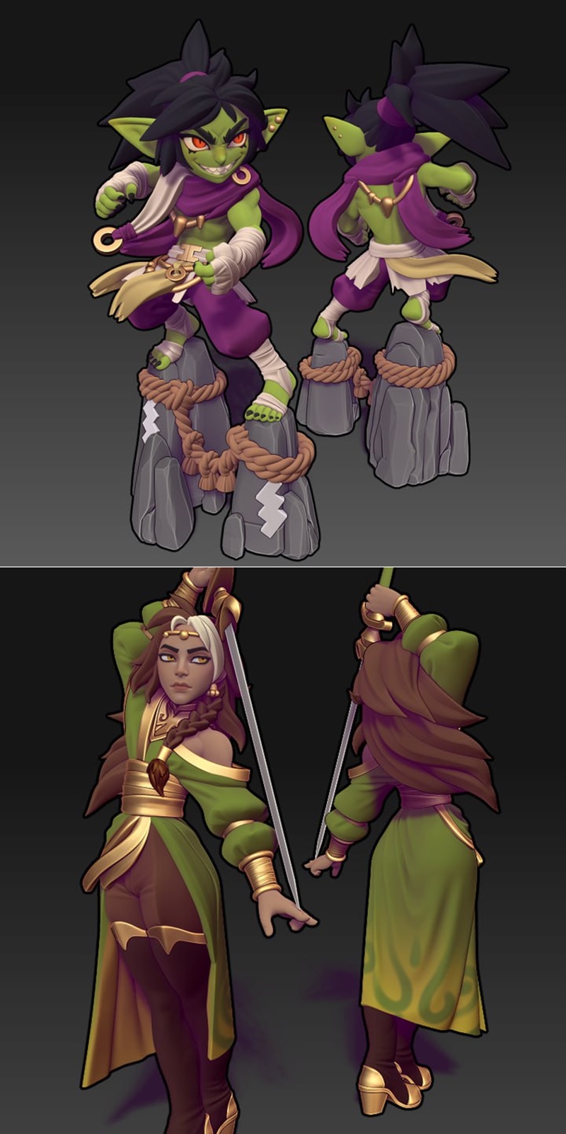 Collection of 3D printable fantasy miniatures: blonde warrior with axe, witch with skull staff, and a goblin characte...