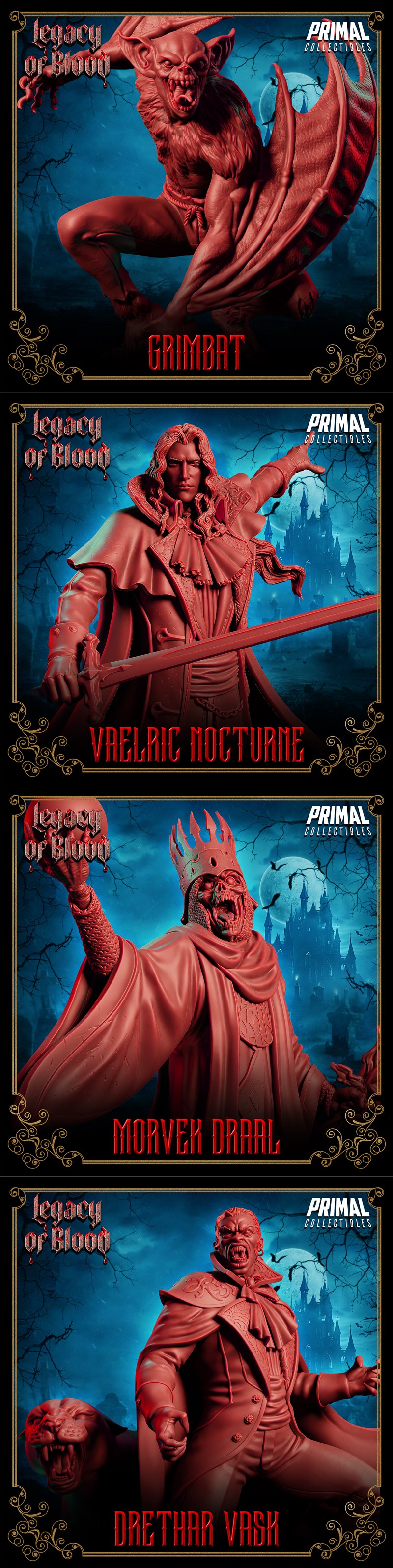 3D printable models of gothic vampire characters: Riven Stormholt with a whip, Mordrak the vampire, Elvera Thorne wit...