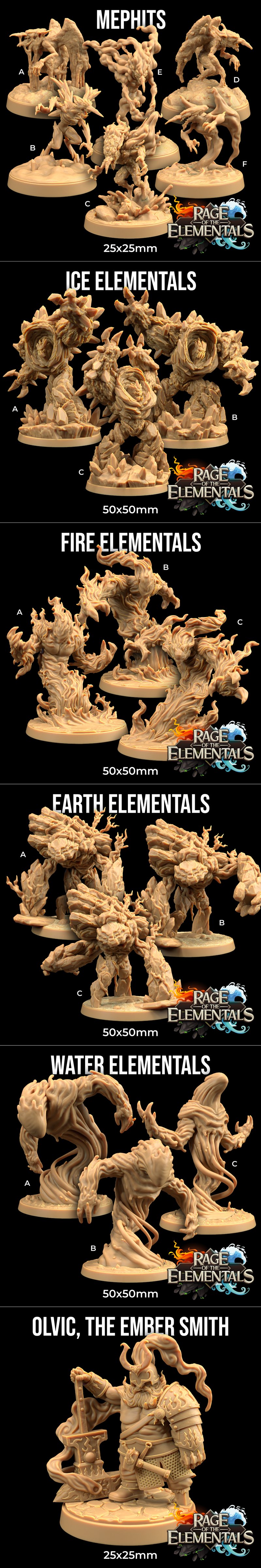 Collection of fantasy elemental 3D models: Air, Mud, Primal, and Esper. Includes bases and scale indicators.