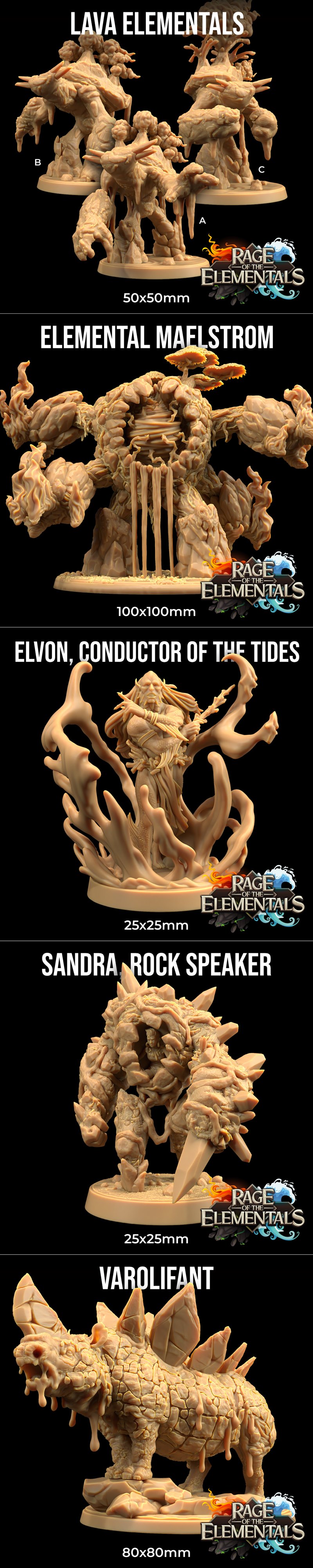 Collection of fantasy elemental 3D models: Air, Mud, Primal, and Esper. Includes bases and scale indicators.