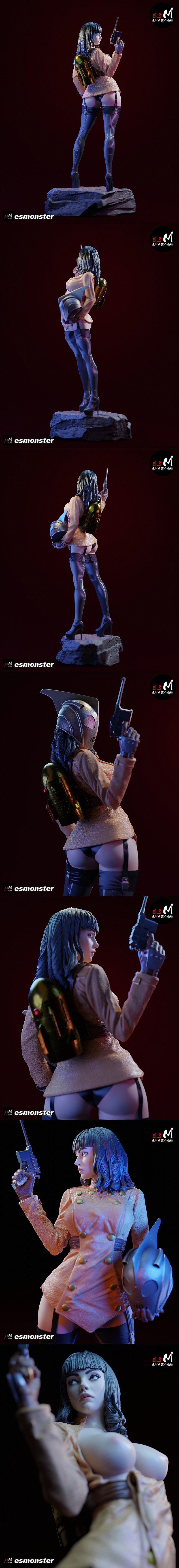 Rocketeer Female 3D model with pistol and helmet, wearing short jacket, underwear, stockings, and high heels, standin...