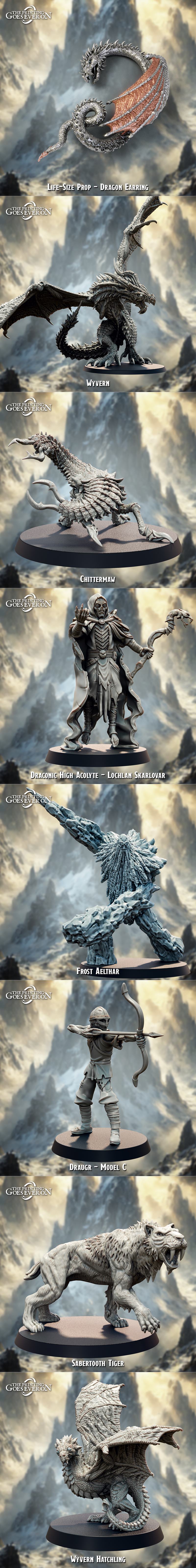 Collection of fantasy 3D printable miniatures from The Printing Goes Ever On, featuring giants, draugr, rogues, drago...