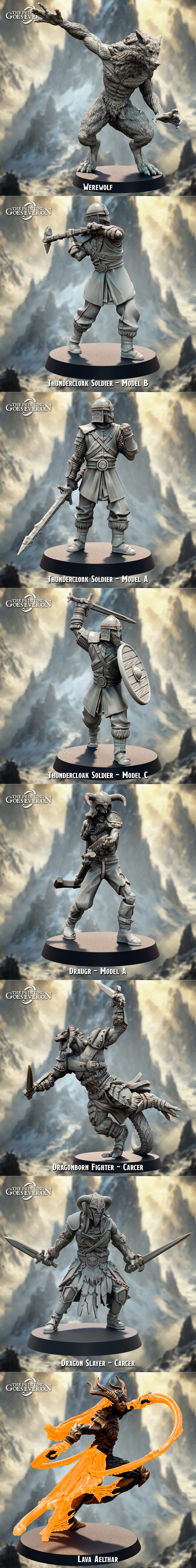 Collection of fantasy 3D printable miniatures from The Printing Goes Ever On, featuring giants, draugr, rogues, drago...
