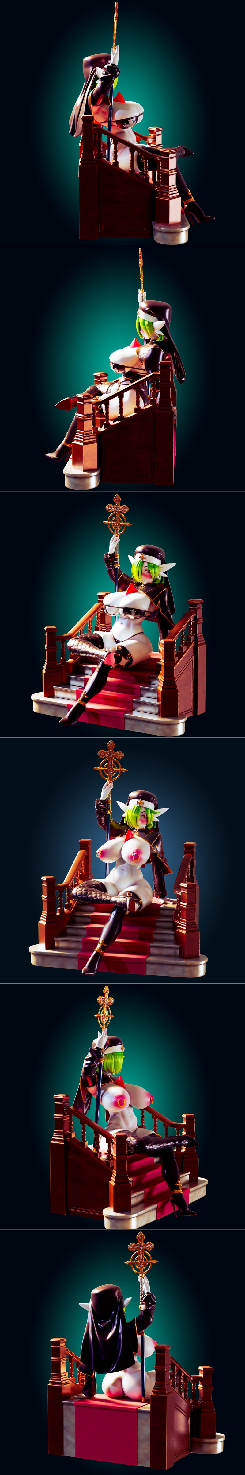 Stylized Gardevoir Nun character in a revealing nun outfit, sitting on ornate stairs and holding a golden cross staff.