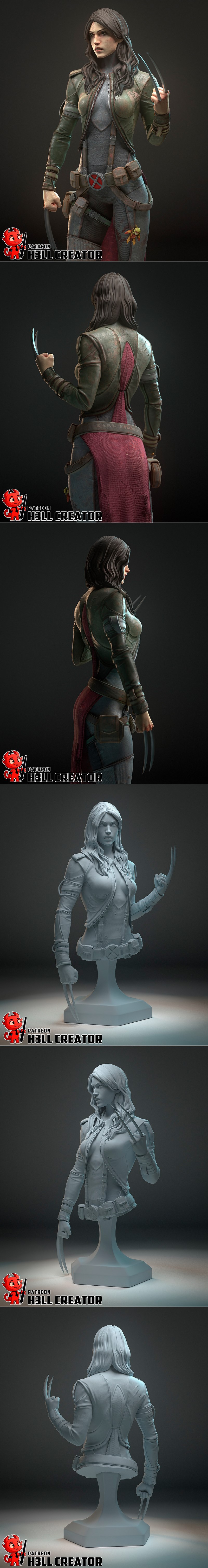 3D model of X-23 from X-Men, standing heroically with claws extended, wearing tactical gear and a red sash.