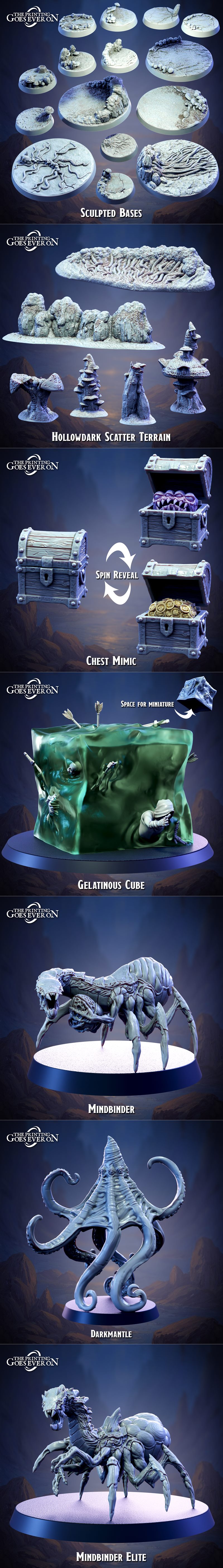 Collection of fantasy 3D printable miniatures: a Beholder, Drow Matriarch, Drow Warrior, Greykin Dwarf, and Silkblood...