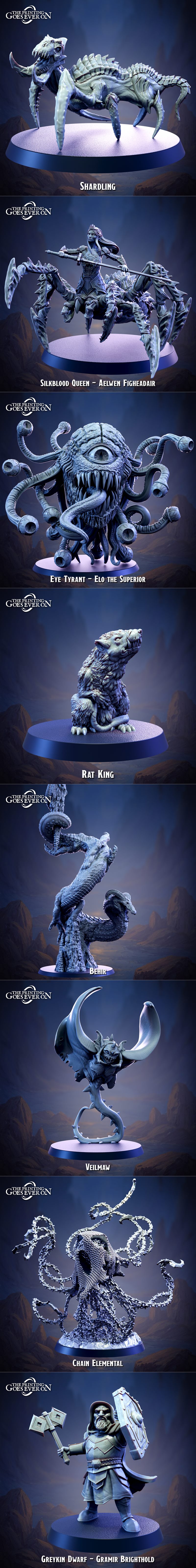Collection of fantasy 3D printable miniatures: a Beholder, Drow Matriarch, Drow Warrior, Greykin Dwarf, and Silkblood...