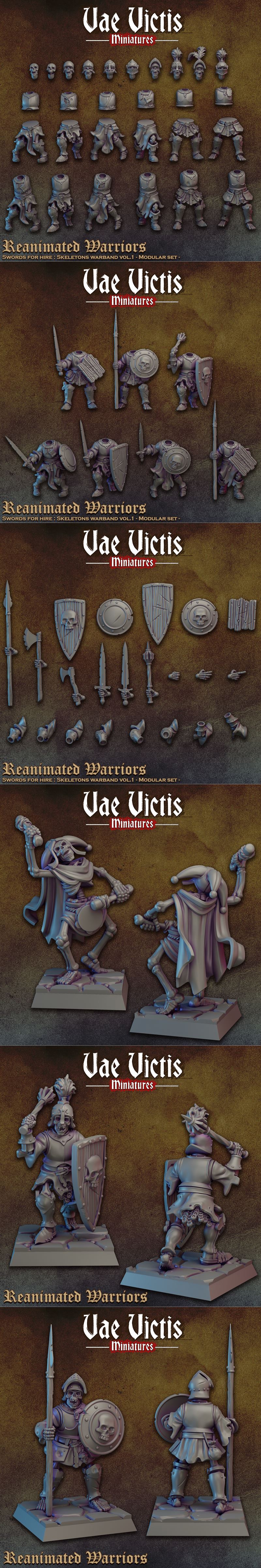 Collection of 3D printable skeletal warrior miniatures from Vae Victis Miniatures, featuring swords, shields, spears,...