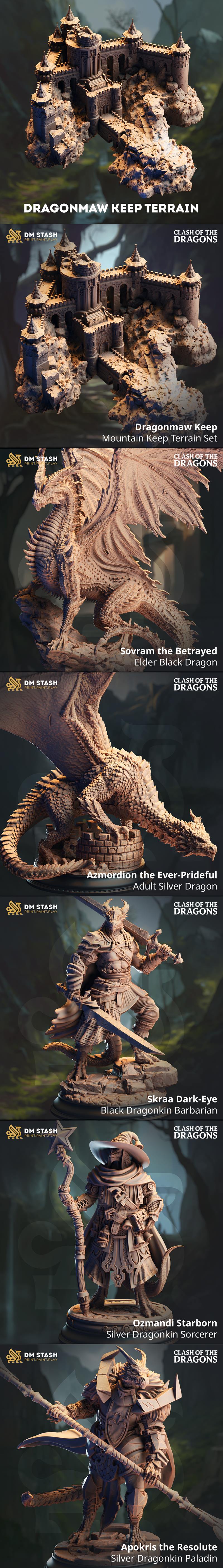 Collection of fantasy 3D printable miniatures including dragons, dragonkin knights, barbarians, and sorcerers, sculpt...