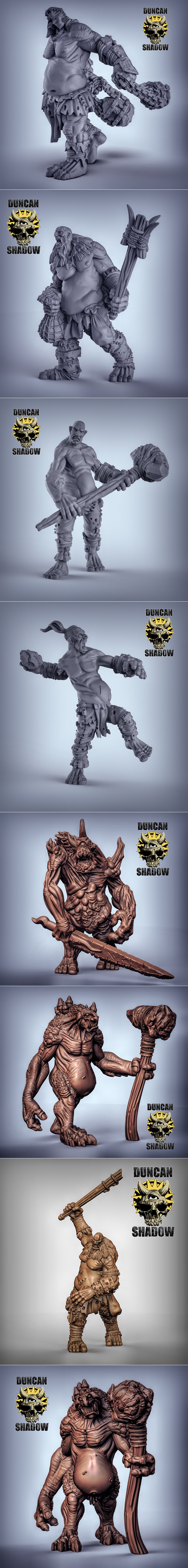 Collection of fantasy gargant figures from Duncan Shadow, wielding clubs and maces, wearing tattered armor.
