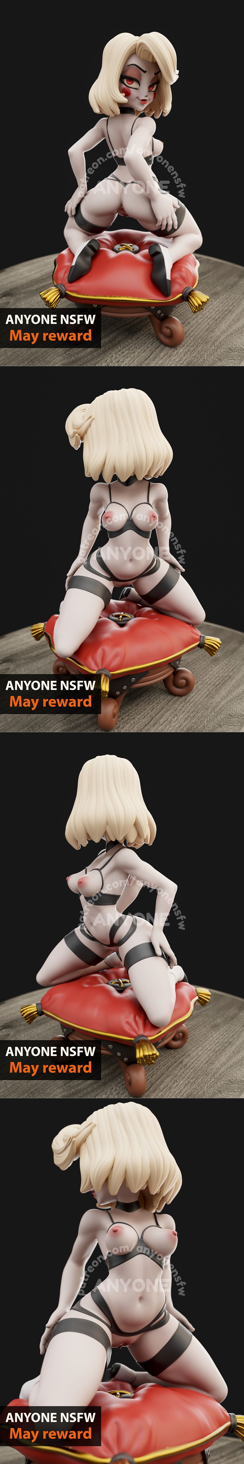 Stylized 3D model of a blonde female character named Charlie, wearing black lingerie and stockings, posed seductively...