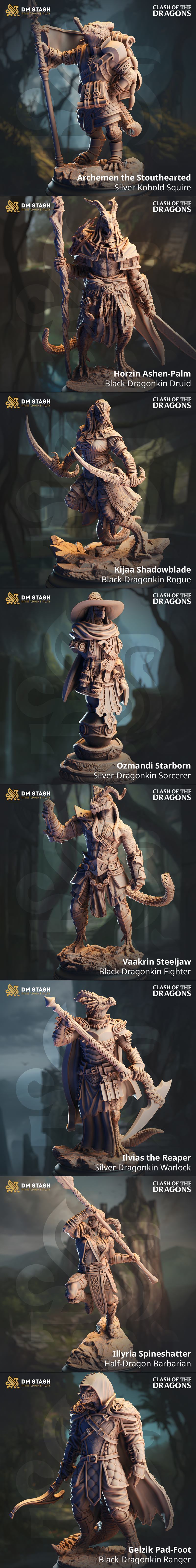 Collection of fantasy 3D printable miniatures including dragons, dragonkin knights, barbarians, and sorcerers, sculpt...