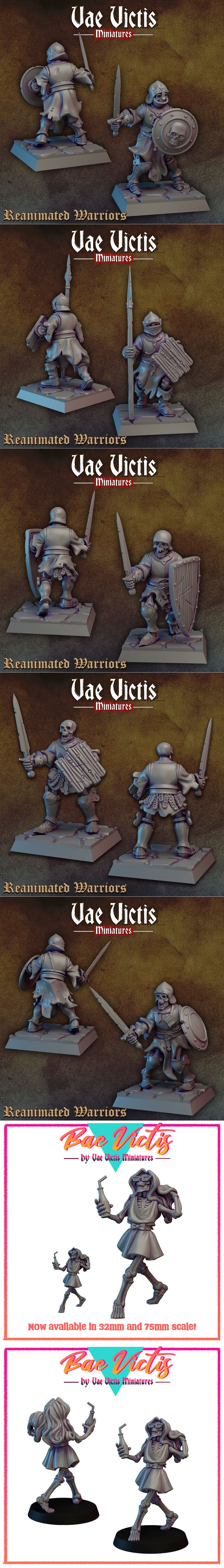 Collection of 3D printable skeletal warrior miniatures from Vae Victis Miniatures, featuring swords, shields, spears,...