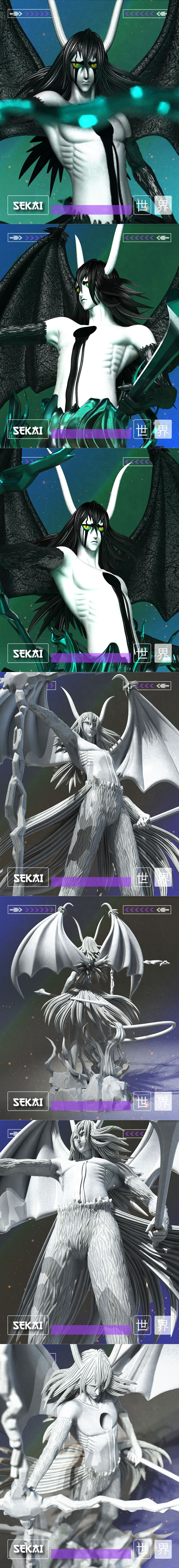 3D print model of Ulquiorra Cifer from Bleach, featuring black wings, white skin with a chest hole, and a dark energy...