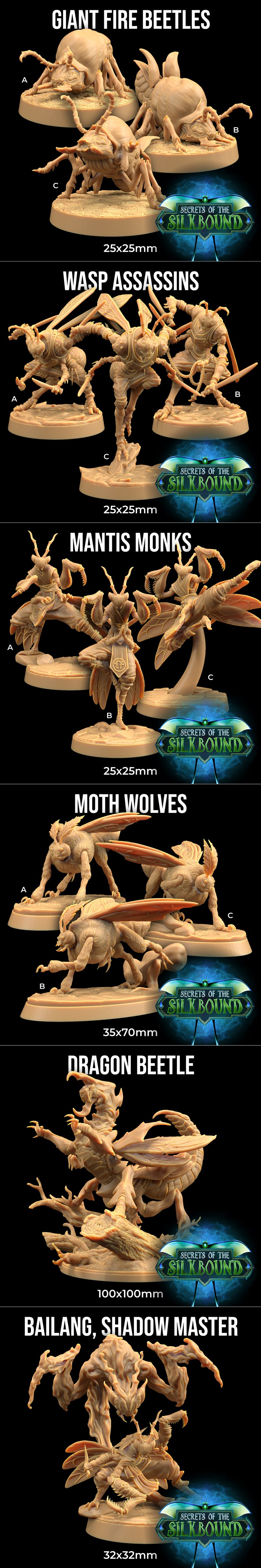 Collection of fantasy 3D printable miniatures: Dragon Worms, Beetle Samurai with swords, Moth Spellswords with wings,...