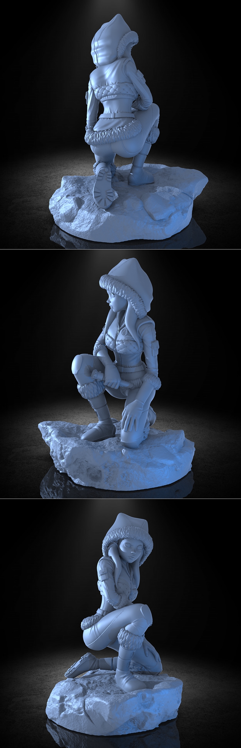 Ahsoka Tano in a winter outfit, kneeling on a snowy rock in a forest. She wears a white hooded jacket and pants with...