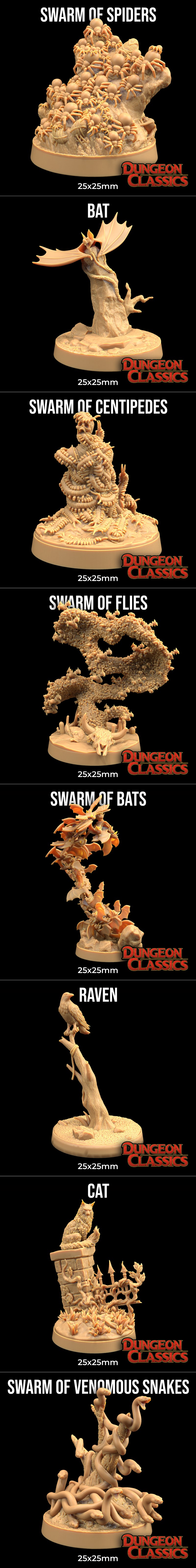 3D printable models of fantasy creatures: two mastiffs, a dire wolf, a swarm of rats, and a swarm of ravens, all from...