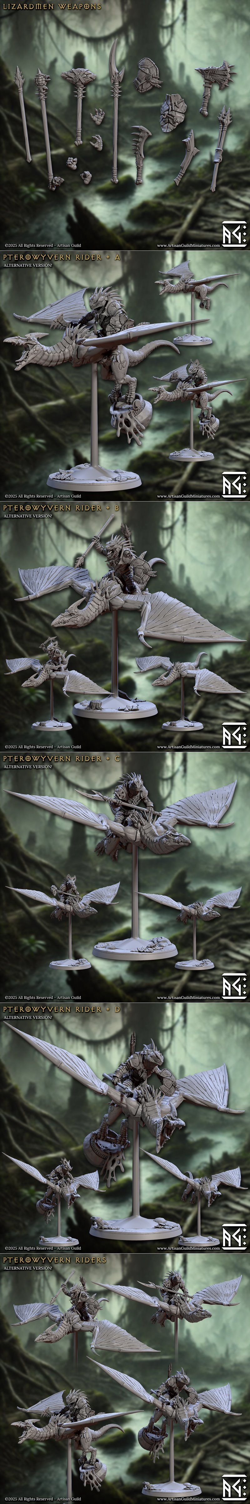 Collection of 3D printable lizardmen miniatures from Artisan Guild, including a large dragon-like creature, warriors...