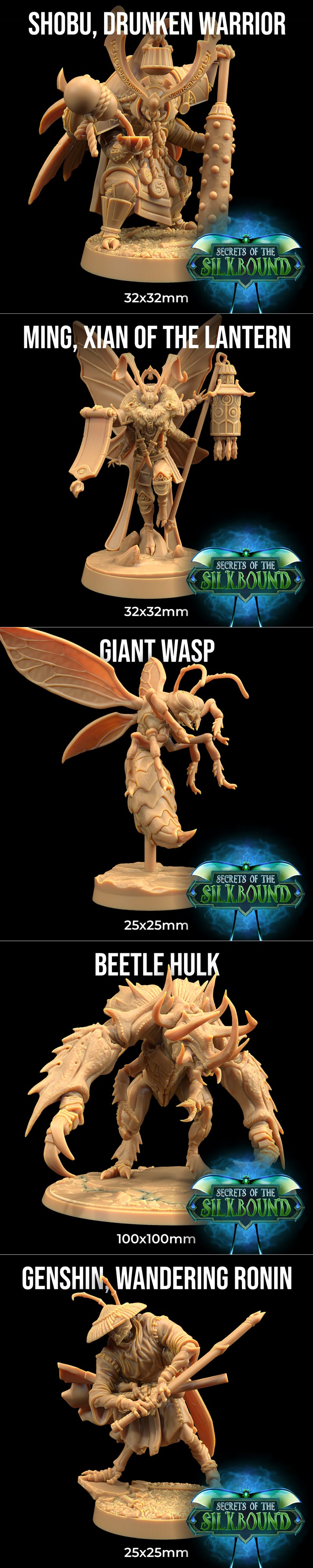 Collection of fantasy 3D printable miniatures: Dragon Worms, Beetle Samurai with swords, Moth Spellswords with wings,...