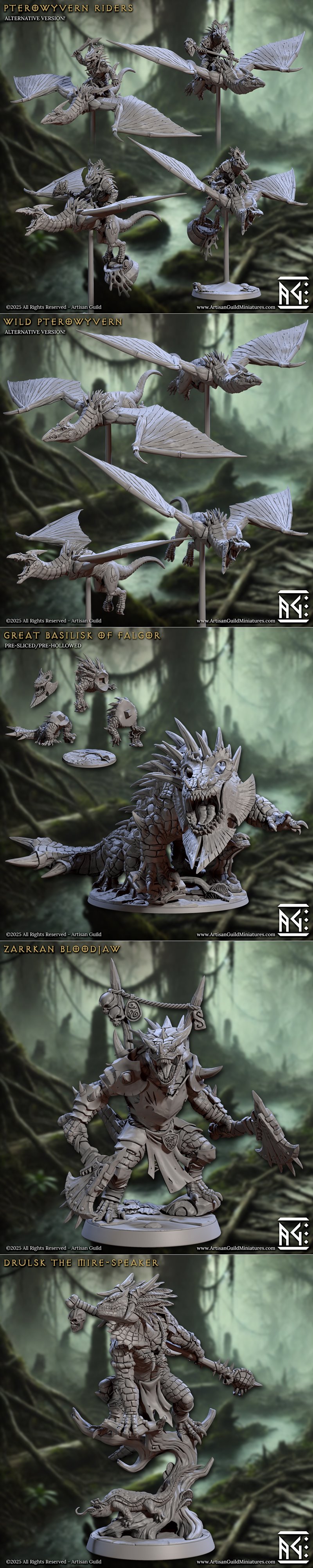 Collection of 3D printable lizardmen miniatures from Artisan Guild, including a large dragon-like creature, warriors...